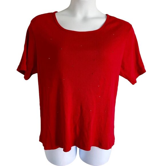 Avenue Red Ribbed Short Sleeve Top with Subtle Sparkle Women's Size 18 20 - Picture 2 of 8